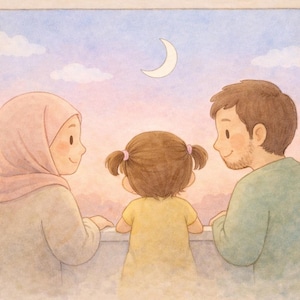 May include: Watercolor illustration of a family looking out a window at a sunset. A mother wearing a pink hijab, a father, and a child with pigtails are gazing at the sky with a crescent moon.