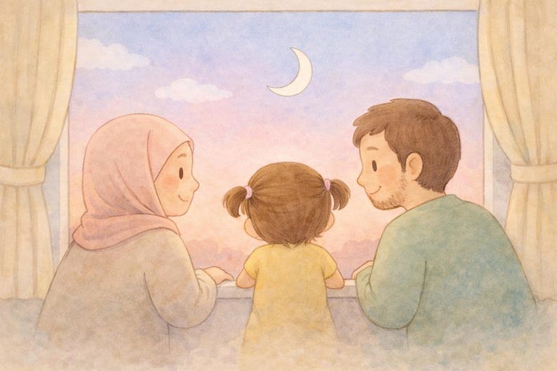 May include: Watercolor illustration of a family looking out a window at a sunset. A mother wearing a pink hijab, a father, and a child with pigtails are gazing at the sky with a crescent moon.