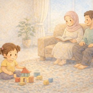 May include: Watercolor illustration of a family in a living room. A young child plays with building blocks on a patterned rug. Parents sit on a sofa, the mother reading a book. A potted plant sits in the background.
