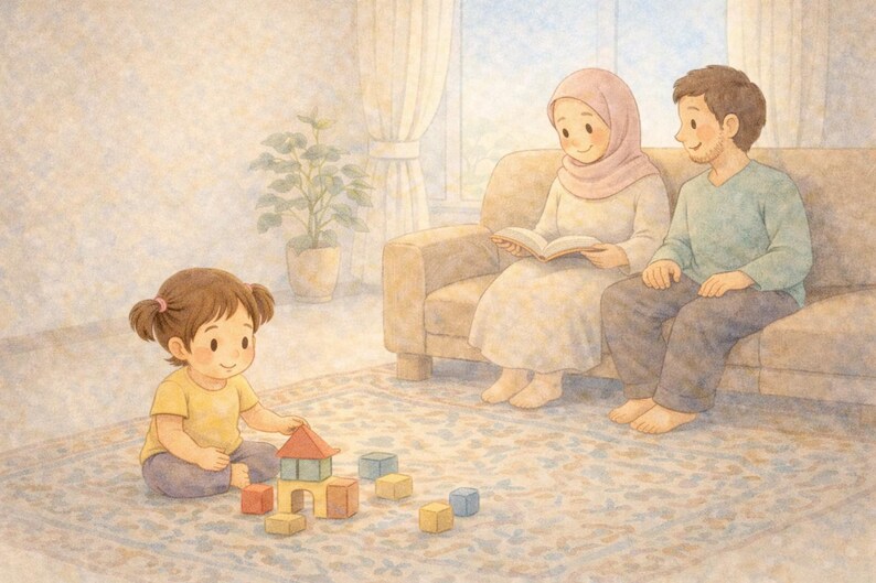 May include: Watercolor illustration of a family in a living room. A young child plays with building blocks on a patterned rug. Parents sit on a sofa, the mother reading a book. A potted plant sits in the background.