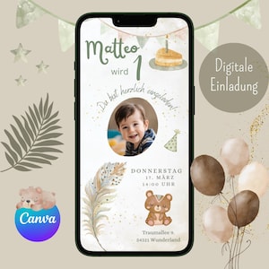 Invitación digital cumpleaños infantil, invitación personalizable WhatsApp, invitación niño boho, invitación cumpleaños móvil, plantilla Canva