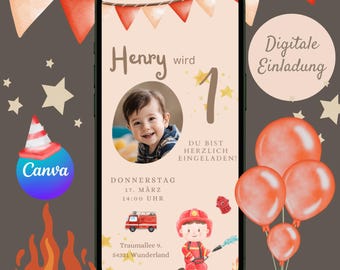Fire brigade digital invitation children's birthday, personalizable invitation WhatsApp, birthday invitation with photo, children's birthday boy
