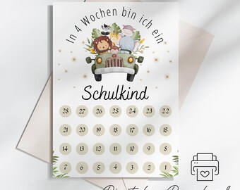 May include: A white card with a safari-themed illustration. The card features a green jeep with animal characters and the text "In 4 Wochen bin ich ein Schulkind." Below are numbered circles from 1 to 28.