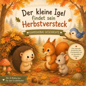 Può includere: Un set di schede narrative Kamishibai intitolato Der kleine Igel findet sein Herbstversteck con un riccio, uno scoiattolo e un topo in un bosco autunnale. L'illustrazione include un uccellino blu, funghi rossi, ghiande e foglie arancioni con testo su una storia di amicizia.