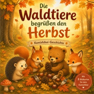 Può includere: Una copertina di libro intitolata Die Waldtiere begrüßen den Herbst Kamishibai-Geschichte con un riccio, uno scoiattolo, un orso e una volpe in un bosco autunnale. L'illustrazione include foglie cadute, ghiande, pigne e funghi con testo che indica 8 schede illustrate.