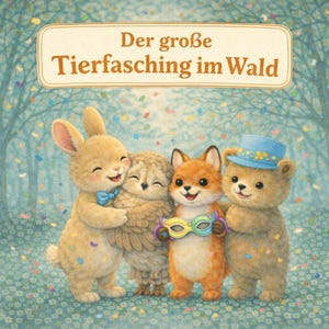 Può includere: Copertina di un libro per bambini con quattro animali sorridenti: un coniglio, un gufo, una volpe con una maschera e un orso con un cappello. Il titolo "Der große Tierfasching im Wald" è sopra, con uno sfondo di coriandoli.