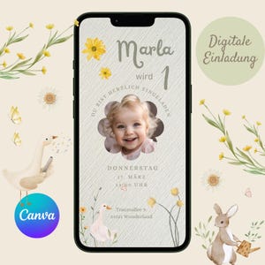 Digitale Einladung Kindergeburtstag, personalisierbare Einladung WhatsApp, Einladung Foto Mädchen, Geburtstagseinladung Handy, Design Blume