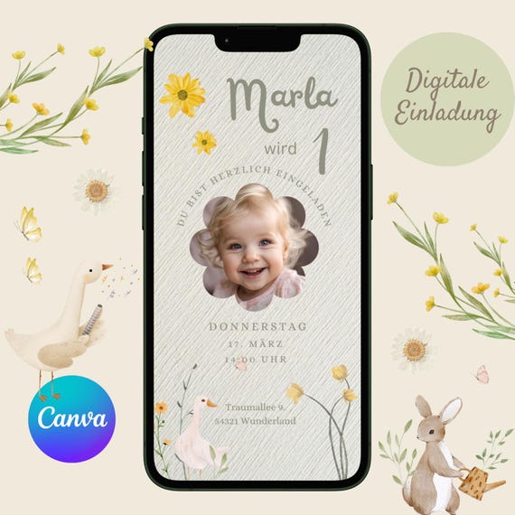 Digitale Einladung Kindergeburtstag, personalisierbare Einladung WhatsApp, Einladung Foto Mädchen, Geburtstagseinladung Handy, Design Blume