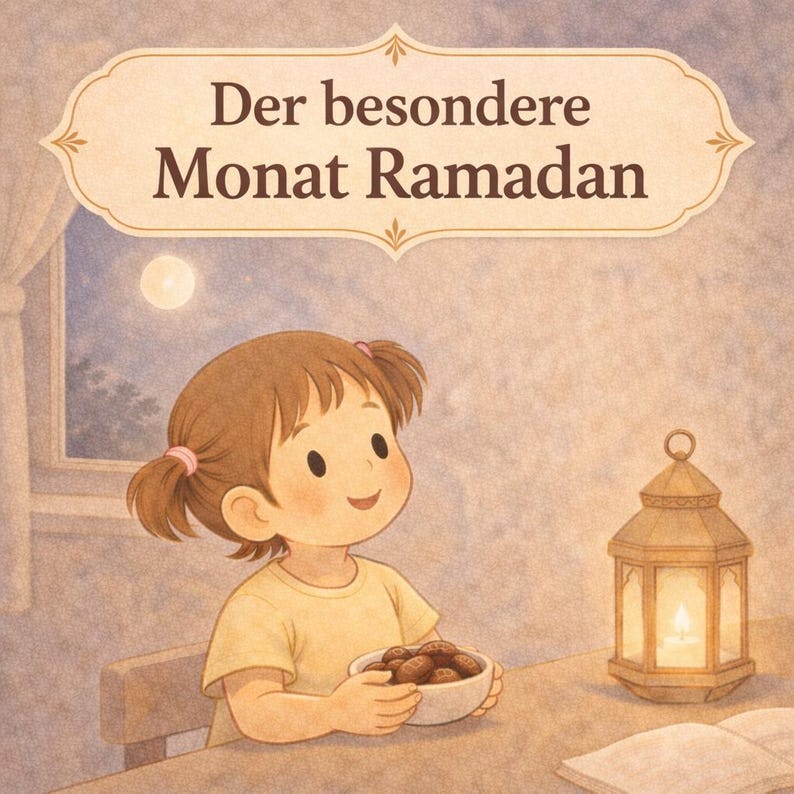 May include: Illustration of a young girl with brown hair in pigtails holding a bowl of dates. The image features a lit lantern, a full moon, and text that reads "Der besondere Monat Ramadan."