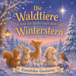 Könnte beinhalten: Ein Buchcover mit dem Titel Die Waldtiere und die Suche nach dem Winterstern zeigt ein Eichhörnchen, einen Hasen, ein Rehkitz und ein Rotkehlchen im verschneiten Wald. Eine hängende Laterne beleuchtet die Szene unter einem Sternenhimmel. Kamishibai-Geschichte.