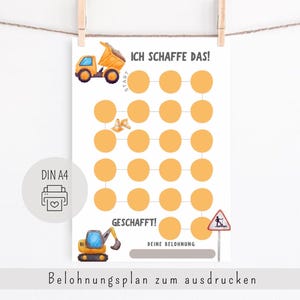 Könnte beinhalten: Ein weißes Belohnungsplan mit Illustrationen von Baufahrzeugen, darunter ein Muldenkipper und ein Bagger. Die Tabelle enthält orangefarbene Kreise zur Fortschrittsverfolgung und den deutschen Text "ICH SCHAFFE DAS!" und "GESCHAFFT!"