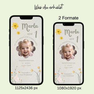 Puede incluir: Una invitaci&oacute;n digital para un primer cumplea&ntilde;os. La invitaci&oacute;n presenta una foto de una ni&ntilde;a peque&ntilde;a, una flor amarilla y el texto "Marla wird 1". La invitaci&oacute;n est&aacute; dise&ntilde;ada en un esquema de color gris claro y amarillo.