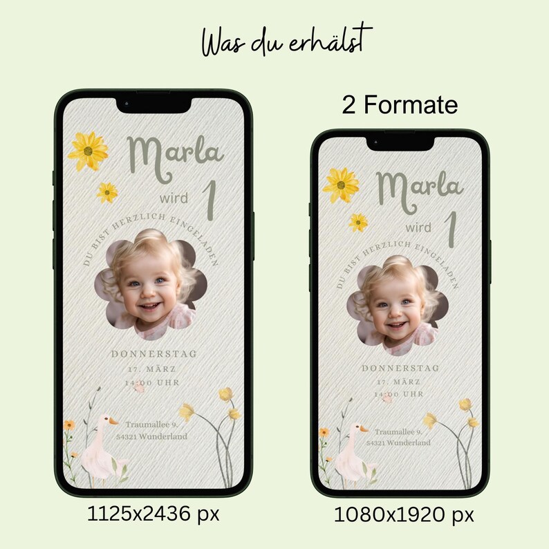 Puede incluir: Una invitaci&oacute;n digital para un primer cumplea&ntilde;os. La invitaci&oacute;n presenta una foto de una ni&ntilde;a peque&ntilde;a, una flor amarilla y el texto "Marla wird 1". La invitaci&oacute;n est&aacute; dise&ntilde;ada en un esquema de color gris claro y amarillo.