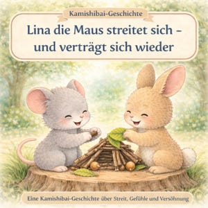 Könnte beinhalten: Kinderbuchcover mit einer grauen Maus und einem hellbraunen Hasen, die eine kleine Struktur auf einem Baumstumpf bauen. Der Titel des Buches steht in deutscher Sprache über den Figuren. Die Illustration ist im Aquarellstil gehalten.