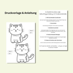 Pode incluir: Modelo de convite de anivers&aacute;rio imprim&iacute;vel em preto e branco em forma de gato com o texto "Einladung zum Geburtstag" (Convite de anivers&aacute;rio) e "Wann?" (Quando?) e "Wo?" (Onde?)