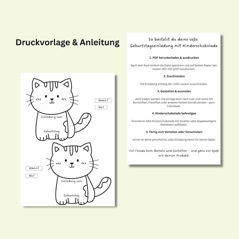 Pode incluir: Modelo de convite de anivers&aacute;rio imprim&iacute;vel em preto e branco em forma de gato com o texto "Einladung zum Geburtstag" (Convite de anivers&aacute;rio) e "Wann?" (Quando?) e "Wo?" (Onde?)