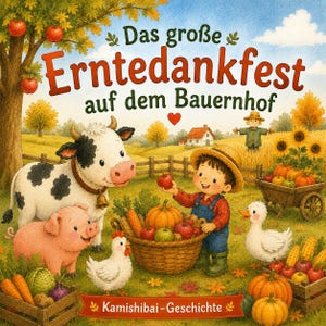 以下が含まれることがあります： Das große Erntedankfest auf dem Bauernhofというタイトルの絵本の表紙。牛、豚、鶏、アヒル、そしてリンゴを持つ子供が農産物の入った籠のそばに描かれています。背景にはカボチャ、トウモロコシ、案山子があり、農場の風景が広がっています。