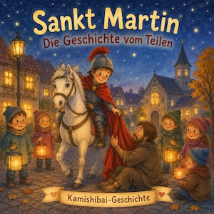 Op de afbeelding: Een kinderboekcover getiteld Sankt Martin Die Geschichte vom Teilen Kamishibai-Geschichte met een persoon in harnas op een wit paard die een rode mantel deelt met een zittend persoon, omringd door kinderen die lantaarns vasthouden.