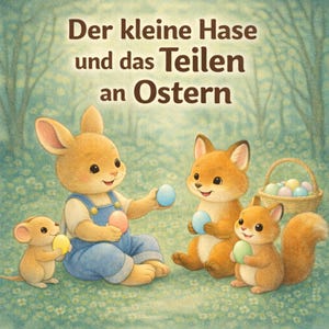 May include: Illustration of a children's book cover featuring a bunny, fox, mouse, and squirrel holding Easter eggs. The title reads "Der kleine Hase und das Teilen an Ostern". The characters are sitting on a grassy field with a basket of eggs.