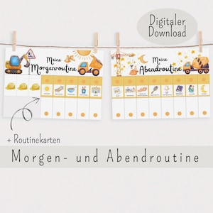 Morgenroutine und Abendroutine für Kinder Baustelle, Tagesplaner mit Bagger, Routineplan zum ausdrucken, Routineplaner für Kinder