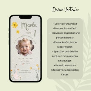 Puede incluir: Una invitaci&oacute;n digital para una fiesta de cumplea&ntilde;os de 1 a&ntilde;o para una ni&ntilde;a llamada Marla. La invitaci&oacute;n presenta un dise&ntilde;o de flores amarillas, una foto de la ni&ntilde;a y el texto "Marla wird 1". La invitaci&oacute;n tambi&eacute;n incluye la fecha y la hora de la fiesta, as&iacute; como la direcci&oacute;n.