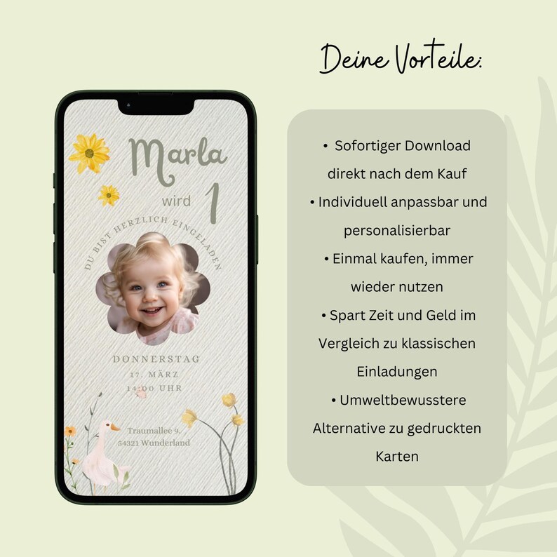 Puede incluir: Una invitaci&oacute;n digital para una fiesta de cumplea&ntilde;os de 1 a&ntilde;o para una ni&ntilde;a llamada Marla. La invitaci&oacute;n presenta un dise&ntilde;o de flores amarillas, una foto de la ni&ntilde;a y el texto "Marla wird 1". La invitaci&oacute;n tambi&eacute;n incluye la fecha y la hora de la fiesta, as&iacute; como la direcci&oacute;n.
