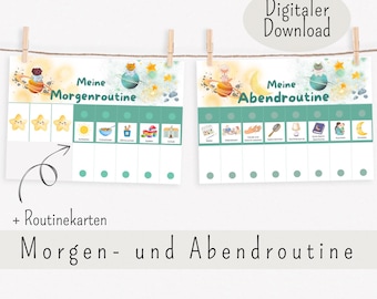 May include: A printable chart for kids to track their morning and evening routines. The chart features a space theme with planets, stars, and a rocket. The chart includes a list of activities for both morning and evening routines, such as getting dressed, brushing teeth, and reading a book. The text on the chart reads "Meine Morgenroutine" and "Meine Abendroutine".