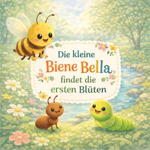 Puede incluir: Ilustración de libro infantil con una abeja, una hormiga y una oruga sonrientes en un prado florido. El texto en la portada del libro dice: "Die kleine Biene Bella findet die ersten Blüten."