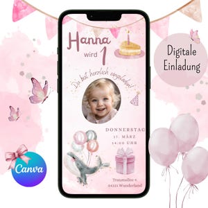 Invitación digital cumpleaños infantil, invitación personalizable WhatsApp, invitación foto niña, invitación cumpleaños móvil, plantilla Canva
