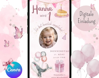 Digital invitation for children's birthdays, personalized WhatsApp invitations, photo invitations for girls, mobile birthday invitations, Canva template