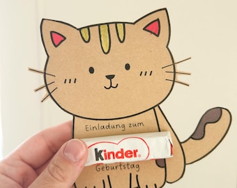 Plantilla de manualidad de gato para cumpleaños infantiles, tarjeta de invitación para cumpleaños infantiles, plantilla de impresión en PDF para niños, tarjeta de invitación para cumpleaños infantiles