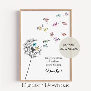 Könnte beinhalten: Ein gerahmter Druck mit einem Pusteblumen-Design, auf dem Namen auf fliegenden Samen stehen. Der Druck enthält den Text "SOFORT DOWNLOAD!" und "Digitaler Download". Die Namen sind in verschiedenen Farben.