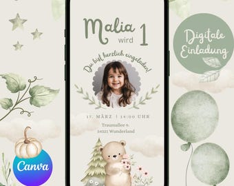 Invitación digital cumpleaños infantil animales del bosque, invitación personalizable WhatsApp, invitación foto niña, invitación cumpleaños móvil