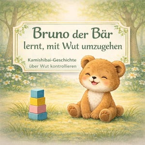 May include: A children's book illustration featuring a smiling brown teddy bear sitting on grass. The book cover has the title "Bruno the Bear learns to deal with anger" in a decorative frame, with a stack of colorful blocks nearby.