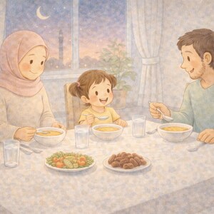 May include: Watercolor illustration of a family enjoying a meal together. A woman in a pink hijab, a young girl, and a man are seated around a table with bowls of soup, dates, and vegetables. A crescent moon and a tower are visible through the window.