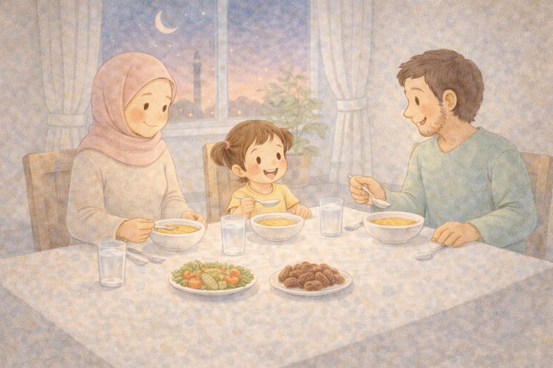 May include: Watercolor illustration of a family enjoying a meal together. A woman in a pink hijab, a young girl, and a man are seated around a table with bowls of soup, dates, and vegetables. A crescent moon and a tower are visible through the window.