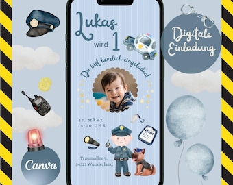 Digital invitation police children's birthday, ecard invitation, WhatsApp invitation children, birthday boy, invitation mobile