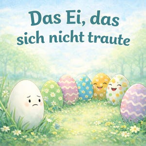 May include: A whimsical illustration features a sad, white egg in a field of flowers, surrounded by cheerful, decorated Easter eggs. The image includes the German text "Das Ei, das sich nicht traute" in a teal font.