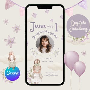 Invito digitale compleanno bambini coniglio, invito personalizzabile WhatsApp, invito foto bambina, invito compleanno cellulare