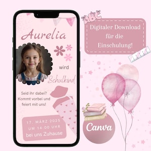 Convite digital para o primeiro dia de aula das meninas, cartão de convite com foto para o primeiro dia de aula, eCard para o primeiro dia de aula, modelo de WhatsApp Canva cone escolar
