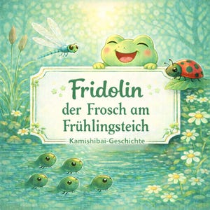 May include: A colourful children's book cover featuring a friendly green frog, a dragonfly, and a ladybug. The title "Fridolin der Frosch am Frühlingsteich" is displayed on a sign above a pond with tadpoles. The illustration has a spring theme.