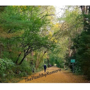 May include: A scenic pathway through a lush forest, with a person walking away from the camera. The path is lined with trees and foliage in various shades of green and yellow. A sign indicates a bike route. The text "TheVaultbyRomero" is at the bottom.