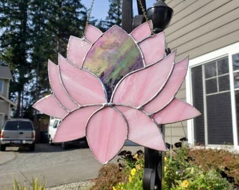 Pink lotus with a purple iridescent  center suncatcher