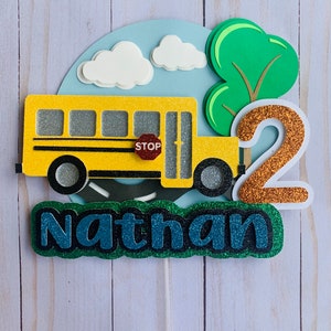 Bus Cake Topper/ School Bus Cake Topper/ Wheel on the Bus Cake Topper/ Custom Cake Topper/ Personalized Yellow Bus/ Glitter Cardstock