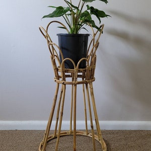 May include: A natural woven rattan plant stand with a round base and a flared top. A potted green plant sits on the top of the stand.
