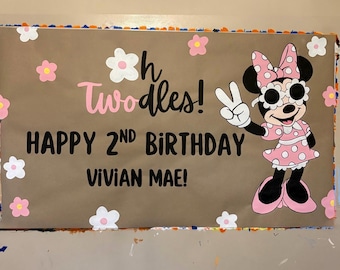 Oh Twoodles! Pink Polka Dot 2nd Birthday Banner - Girls Party Decoration - Custom Minnie Floral