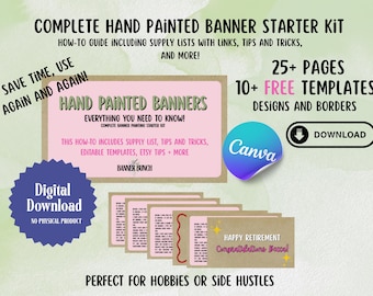 May include: A digital download for a hand-painted banner starter kit. The kit includes a how-to guide, supply lists, tips, and templates. The image features a pink and brown design with the text "Hand Painted Banners" and "Digital Download."
