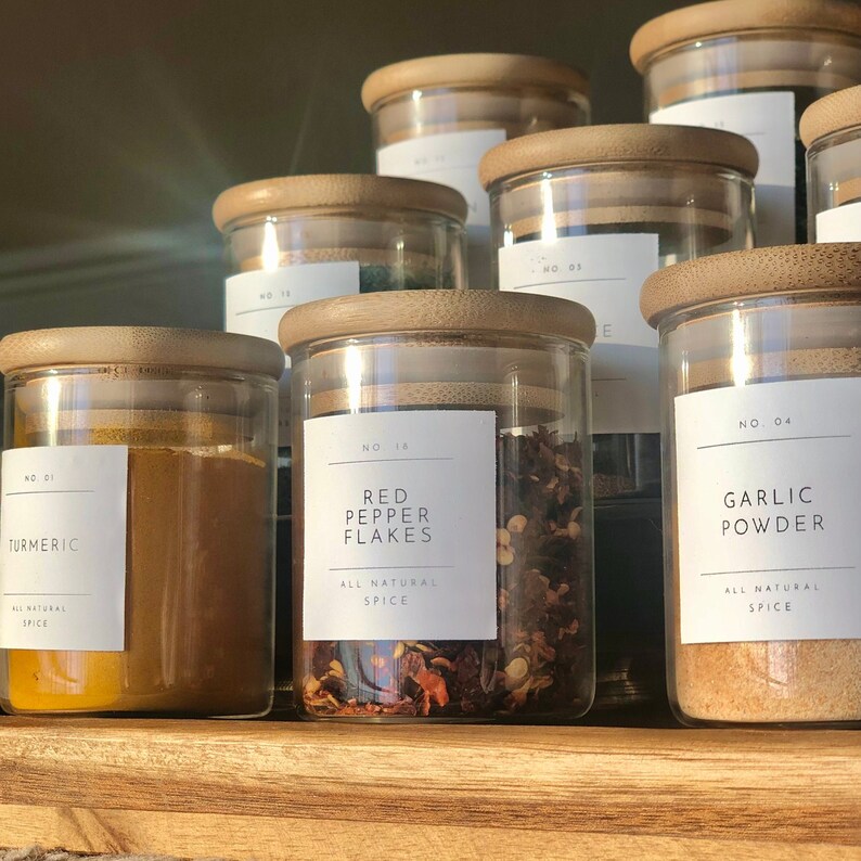 Bamboo Spice Jars, Spice Jar Set, Modern Minimalist Spice Jars, Modern Spice Jars, Farmhouse spice Jars, Glass Spice Jars, Farmhouse decor