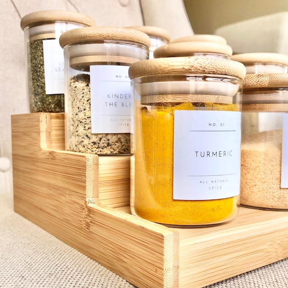 Wooden Spice Glass Jars Organizer - Expandable 3-Tier Shelf