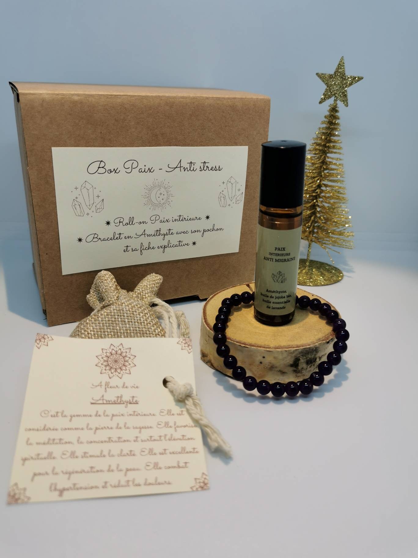 Box Paix - Anti Stress. Elle Comprend Un Roll-On Intérieure , Bracelet en Améthyste avec Son Pochon 